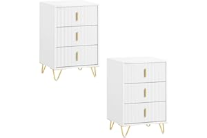 SoBuy Set de 2 Mesita de Noche con 3 cajones, Mesa Auxiliar, Moderna Mesa de Noche Dormitorio, 40 x 40 x 63 cm, Blanco, FBT115-L-Wx2