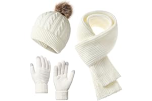 Airuzara Winter Accessory Set Knit Beanie Hat Scarf and Gloves Combo Cold Weather Knitted Hat Long Scarf Touchscreen Gloves Christmas Birthday Gifts