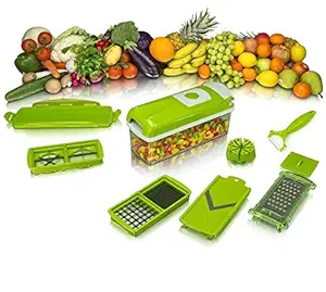 JCV International Vegetable & Fruit Chipser with 11 Blades + 1 Peeler Inside, Vegetable Chopper, Vegetable Slicer, (Green)