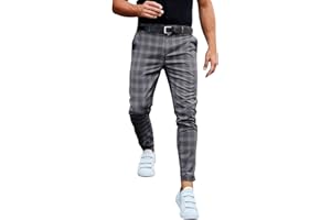 BEOKEUIOE Pantalones de tela a cuadros para hombre, corte ajustado, pantalones chinos, pantalones chinos, pierna recta, pantalones informales, elásticos, ropa de calle, pantalones de ocio, pantalones de traje