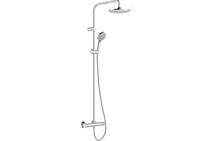 hansgrohe Vernis Blend - Colonne de douche avec mitigeur thermostatique, douche pluie 205 mm avec robinet, douchette, support, flexible de douche, barre et douche de tête ronde 1 jet, Chromé, 26089000