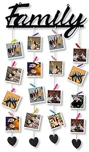 TRENDZ DECOR Wooden Family Display Photo Hanging Wood Frame for Wall Decor with 16 Multicolor Clips - (45x20x1 cm) (Black)