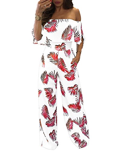 Boutiquefeel Women Floral Print Off The Shoulder Wide Leg Long Pants Jumpsuit Rompers