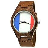 Handgefertigte Holzwerk Germany® Designer Herren Frankreich Flagge Uhr Damen Uhr Öko Natur Holz Flaggen Uhr Leder Armband Uhr Analog Armbanduhr Damenuhr Herrenuhr Klassisch Quarz-Uhr Braun WM 2018