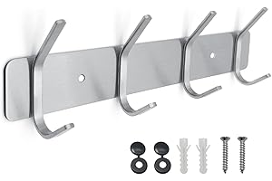 SYPEN Kleiderhaken Wandmontage, robuste Garderobenleiste, Edelstahl-Wandhaken für Bademantel, Hüte, Kleidung, Hangbags und Geldbörse, Metall-Schlüsselhaken mit 4 Kleiderbügelschienen, Silber