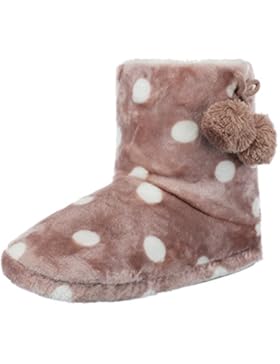 Damen Hausschuhe Hüttenstiefel Hüttenschuh Punkte-Design - gefüttert mit Bommel und Kreissohle - Farben: Taupe...