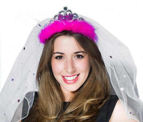 Bride To Be Pink Fluffy Tiara with Luxury Veil and Iridescent Stars