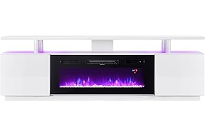 Warmiehomy Electric Fire Insert TV Stand, 78" TV Unit with Fireplace Built in, 12 Colors Moon Light & 12 Flame Effect Support, 36" Fireplace, Remote Control & Overheat Protection, White