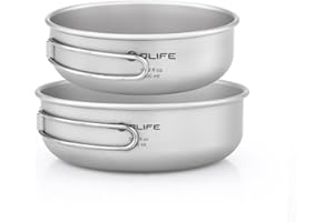 OLIFE Ensemble de bols en titane avec poignées pliantes, ustensiles de cuisine de camping ultra légers, bols en titane de 2 pièces pour le camping, les voyages (500 ml + 600 ml)