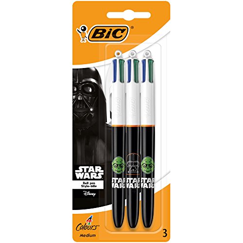 BIC 945512 Star Wars 4-Farb-Druckkugelschreiber, Dokumentenecht, 0.4 mm, Set mit 3 Stück