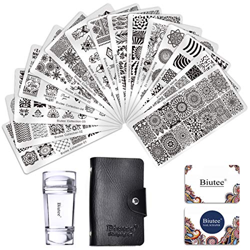 Biutee Manicure Dessin Cachet Pattern Sceau Ongles Nail Décoratifs Ongles Nail Art Outil Avec 1 Tampon 15 Types de Motifs et 2 Racle 1 Sac