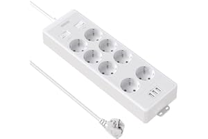 Listwa zasilająca do montażu na ścianie, ochrona przed przepięciem, z pojedynczymi przełącznikami, NTONPOWER 8 gniazdek, bezpieczne, z przedłużaczem 1,5 m i USB, przykręcana, biała, wielokrotnego
