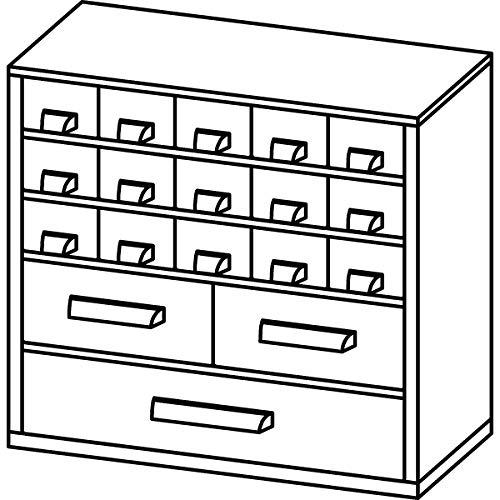 Certeo Schubladenmagazin aus Stahl | HxBxT - 282 x 306 x 155 mm | 18 transparente Schubladen - 3 Größen| Gehäuse lichtgrau| Kleinteilemagazin Klarsichtmagazin