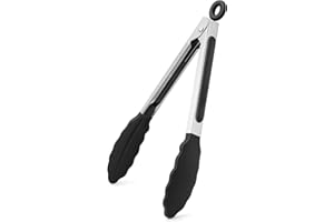 WISYOK 18cm Grillzange Hitzebeständige, Küchenzange, Zange Küche, Kochzange mit Edelstahl und Silikonspitze, Silikonzangen, Tongs Kitchen, Fleischzange, Nudelzange zum Kochen, Grillen (Schwarz)