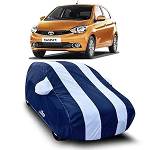 DREAM STORE - Water Resistant - dust Proof - car Body Cover for Tata Tiago car Cover - Water Resistant UV Proof - car Body Cover (Strips White with Mirror Pockets)