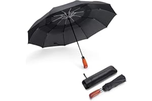 JIGUOOR Parapluie de voyage compact et pliable avec poignée en bois véritable, ouverture et fermeture automatiques avec revêtement en téflon, étui en cuir pour homme/femme