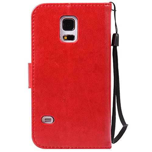 Samsung Galaxy S5 mini Hülle, Cozy Hut Samsung Galaxy S5 mini Hülle Muster, Handy Case Cover Tasche for Samsung Galaxy S5 mini (4.5 Zoll), Bunte Retro Katzen Schmetterlinge Baum Prägemuster Design Muster Druck Flip PU Leder Tasche Case Hülle im Bookstyle mit Standfunktion Kartenfächer mit Weich TPU Innere Hülle Case für Samsung Galaxy S5 mini – Rote - 2