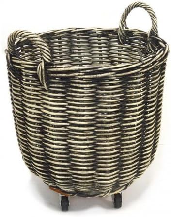 Fireside Log Basket Black &amp; Cream Medium Round Wicker Rattan Wood Storage with Wheels
