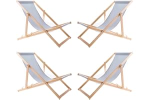 WOODOK Lot de 4 Chaises Longues Pliables en Bois – Transats de Jardin Extérieur en Hêtre, Confort Ergonomique, Réglables 3 Positions, Résistants aux Intempéries, Idéals Terrasse, Plage, Balcon
