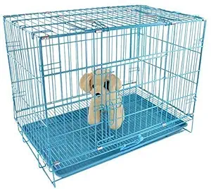 PSK PET MART Dog Cage - Powder Coated, Double Door Folding Metal Cage/Crate/Kennel with Removable Tray and Paw Protector for Dogs, Cats and Rabbits - 30 Inch - Blue (L-76*W-48*H-57 cm)