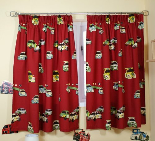 RACING/BEETLE CAR CURTAINS RED - COTTON - END OF LINE SALE