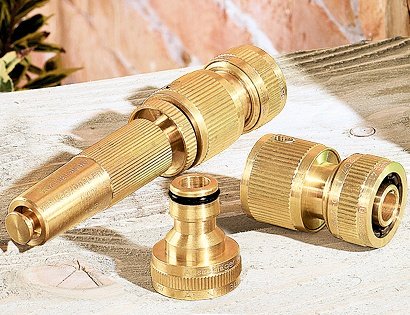 Hochwertiges Messing-Stecksystem, 4-teilig – Gardena kompatibel – Wasserhahn-Anschluss + Schlauchstück + Schlauchstück mit Wasserstopp + verstellbare Gartenspritze - 4