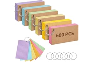 TEEPULL A7 Flash Cards, 6 Pack 600 Pcs of Revision Cards, Kraft Paper Index Cards, Lined Flashcards, Note Study Cards, Multicolor, with 6 Metal Binder Rings for Office, Home, Notes and Exam Use.