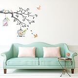 Decowall DW-1510 Vögel auf Baumzweig mit Vogelkäfigen Wandsticker Wandaufkleber Wandtattoo Kinderzimmer (Grau)