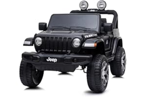 OutdoorToys Jeep Wrangler Rubicon licencia de 12 V para niños con control remoto parental Bluetooth 2.4 G, color negro