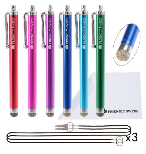 The Friendly Swede 6 StÃ¼ck Hybrid Touchscreen-Eingabestift Stylus mit Mikrofaserspitze [11,5 cm] + 6 x 38 cm lange SchnÃ¼re + 1 x Reinigungstuch (Lila Blau GrÃ¼n)