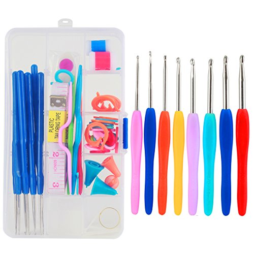 Bytan Kit de 16 Agujas de Ganchillo Ergonómicas de Aluminio 0,6 mm - 6 mm con 36 Accesorios de Crochet para Tejer en Caja