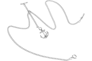 ManChDa Pocket Watch Chain with Pendant - Vintage Design Chain Double Albert T-Bar Chain with 3 Hook Antique Plating Shield Design Fob T Bar with Silver Rudder Anchors Pendant for Men Women