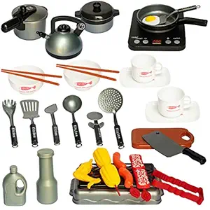 WISHKEY Plastic Kids Realistic Cooking Food Pretend Play Educational Tool Kitchen Set with Cookware, Utensils, Food & Other Accessories for Kids ( 32 Pieces, Grey)