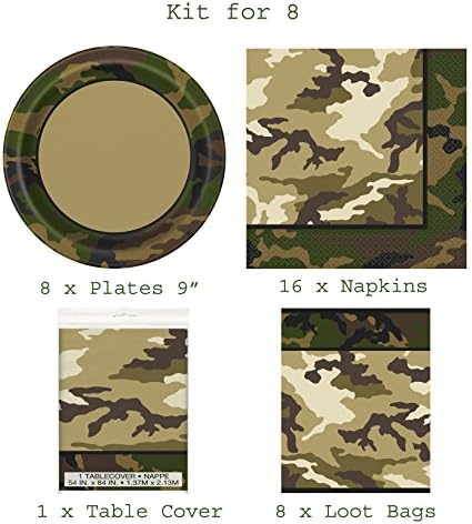 MILITARY CAMOUFLAGE PARTY PLATES NAPKIN TABLE COVER LOOT BAGS COMPLETE PARTY KIT FOR 8 PERSONS