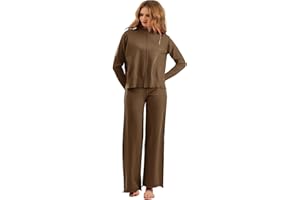 Veriliss Tuta Maglia Donna Completa Elegante Set Tute in Maglia Due Pezzi Set Coordinato Tuta Casual Lavorati Maglione a Maniche Lunghe Pullover Top e Pantaloni a Gamba Larga Completi Invernale