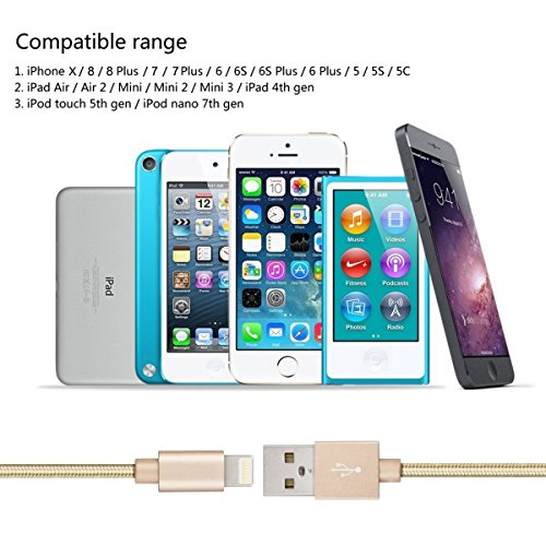 GlobaLinkÂ® Lighting to USB Charger Cable for iPhone, Extra Long and Ultra Durable USB Braided Charging and Syncing Cord for iPhone 5 5s 5c 6 6 Plus 6s 7 7 Plus, iPod 7, iPad mini mini 2 mini 3, iPad Air iPad Air 2 [Lifetime Guarantee Servies] 3 Pack, 1M 2M 3M, Gold