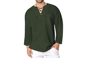 MakingDa Męska bawełniana koszula lniana Smart Casual Grandad Collar Sznurek Ghillie Hippie Henley Top
