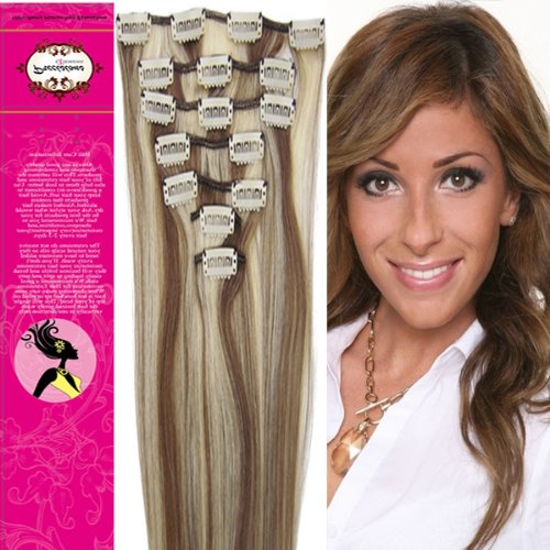 Charming 15'' 18'' 20'' 22'' 100% Real Human Hair 7Pcs Clip In Human Hair Extensions Straight Hair 24 Colors Beauty Design Salon (20inch 70g, 8/613 chestnut brown mixed with light blonde)