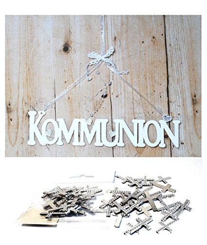 FesteFeiern® Türschild Schild Schriftzug Kommunion weiss aus Holz Kunststoff mit Schmuckbändern 9 x 39 cm