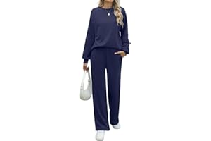 REORIA Women Cotton Lounge Wear Sets Crew Neck Tracksuit Set Two Piece Outfit Long Sleeve Top and Wide Leg Pants Co Ord Sets