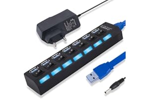 ZEVMI USB Hub 7 Port: Tragbar USB verteiler 3.0 Einzelnen LED-Netzschaltern fur Laptop, PC, MacBook und weitere USB Geräte (USB & EU netzteil)