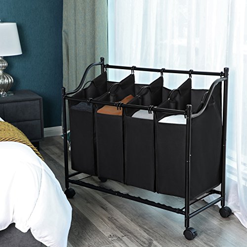 Songmics Wäschekorb Wäschesortierer Wäschebox Wäschewagen mit 4 × Sortierer Fächer Schwarz LSF005 - 2