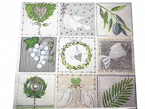 20 Servietten Symbole Grün Grau Weiß Kommunion Konfirmation Taufe Fisch Tischdeko - 2