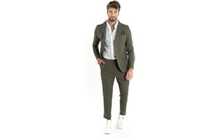 GIOSAL Outfit Uomo Abito Completo Lino Giacca Monopetto Pantalone Classico Tinta Unita Taschino a Pochette