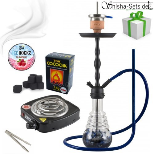 Shisha Set mit Shisha Amy Deluxe Glorious Klick II, Kohleanzünder, Naturkohle, Kaminkopf, Dampfsteine (D08 Blau / Schwarz-Matt)