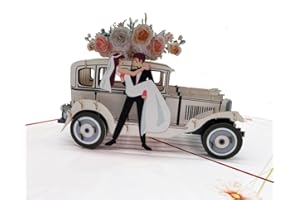 REMOtech Kartka ślubna 3D Pop-Up dla Pary Młodej z Samochodem Vintage, Kwiatowe Akcenty