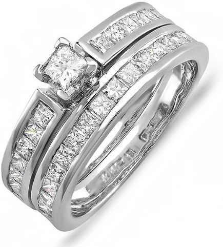 DazzlingRock 14K White Gold Princess Diamond Ladies Bridal Ring Engagement Set (1.50 Cttw, H-I Color, I1 Clarity)