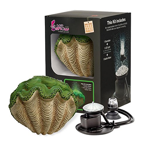 Hydor Aquarium Dekoration H2Show KIT Green Clam (Muschel) mit LED Unterwasserbeleuchtung Grün & Bubble Maker