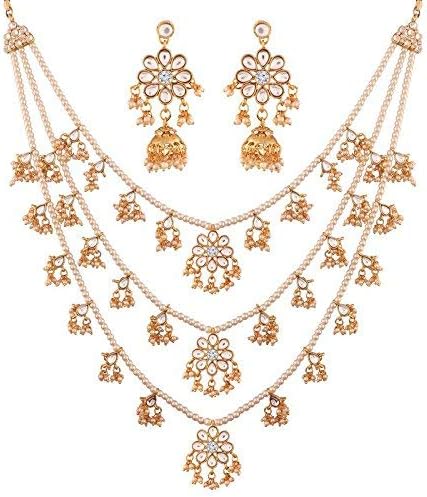 PEORATraditional Jewellery Floral Kundan Layered Necklace Earrings Jewellery Set for Women Girls