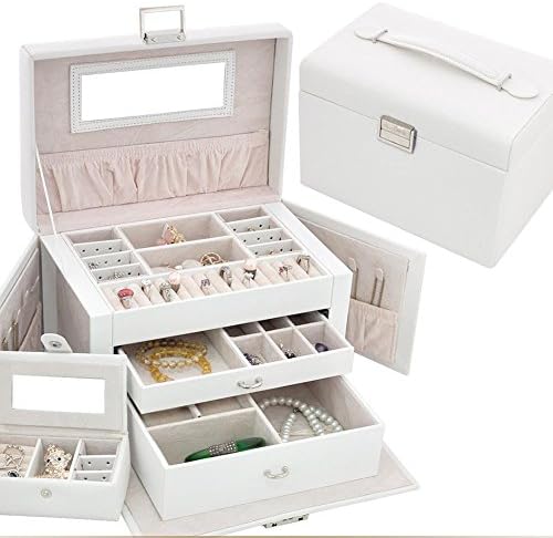 GZXCPC High Quality Luxurious Jewelry Box Jewelery Box Jewelery Storage Jewelery Box Made Of Leather And Wood, With 3 Drawers, Side Pockets, Snap Lock And Built-In Mirror, Many Colors , white